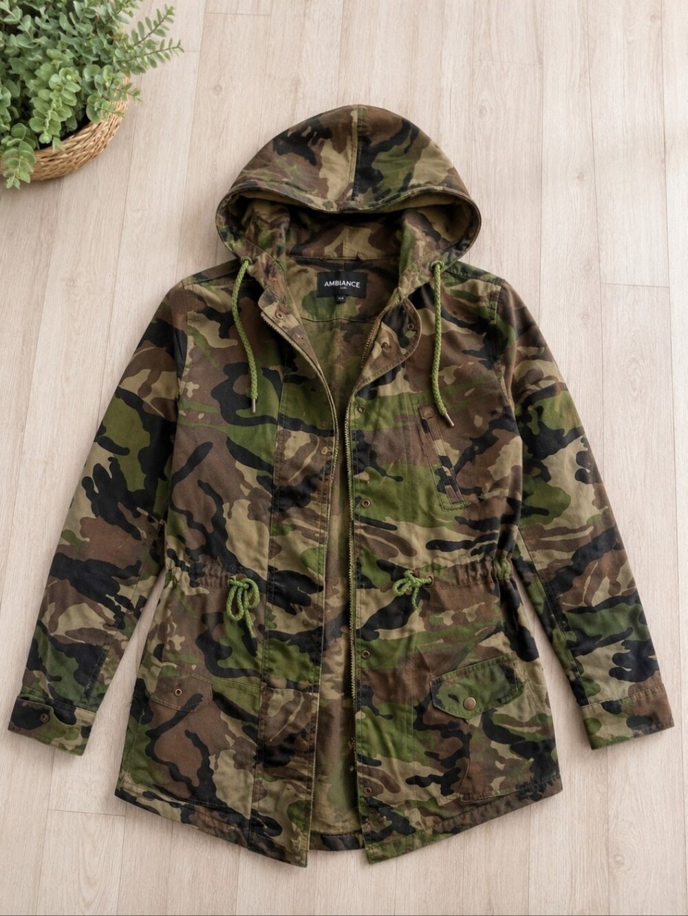 Ambiance Camo Hooded Utility Jacket – Drawstring Waist, Button Front~Small